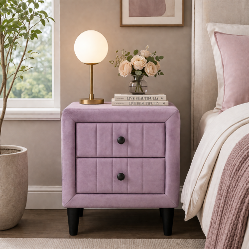 Light Pink Velvet 2-Drawer Upholstered Nightstand, 20inchW, Black Tapered Legs