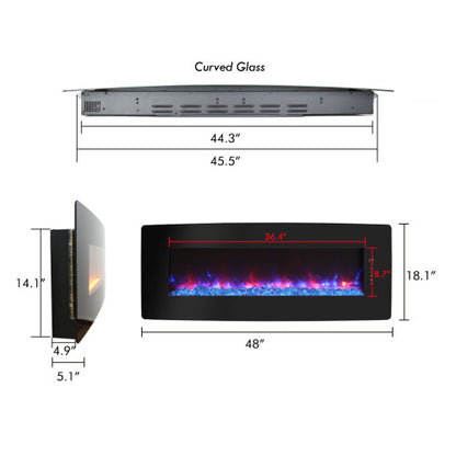 48 inch Curved Front Wall Mounted Electric Fireplace with remote and multi color flame & emberbed