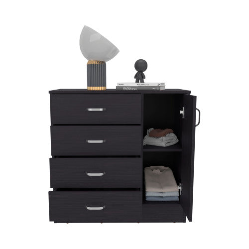 Four Drawer, One Door Dresser With Spacious Storage, Modern Bedroom Organizer, Black