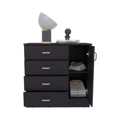 Four Drawer, One Door Dresser With Spacious Storage, Modern Bedroom Organizer, Black