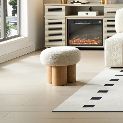 Beige Teddy Mushroom Ottoman, Walnut Finish Barrel Base Cute Foot Stool for Living Room Entryway