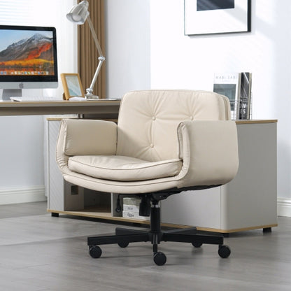 Criss Cross Chair with Adjustable Armrests & Wheels & Headrest, PU Lounge Vanity Desk Chair with Wide Seat for Cross-Legged Sitting, Swivel Task Office Chairs for Home, Makeup, Gaming, Office, Beige
