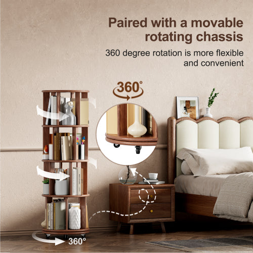 Solid Wood 360° Rotating 4-Tier Wheel Mobile Walnut Bookshelf