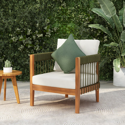 Acacia Wood Outdoor Club Chair with Handwoven Rope Accents & Curved Backrest - Water-Resistant Boho Patio Lounge Chair with Removable Cushions for Porch, Garden