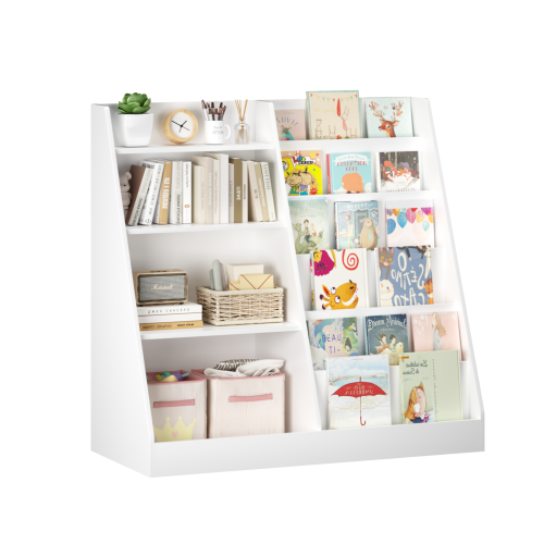 White 4-Tier Multi-functional Kids Wooden Bookshelf, MDF 2-Shelf 1-Bin Toddler Bedroom Storage Organizer