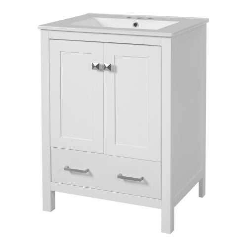 24-inch bathroom vanity with integrated undermount basin and a storage cabinet featuring 2 doors and 1 drawer. Includes double-layer door shelf, soft-close design, and versatile storage solutions