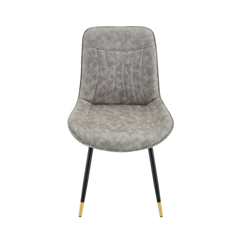 Set of 2 Gray Leathaire Tech Fabric Dining Chairs, Black Semi-Gloss Metal Leg Gold Trim Adjustable Non-Slip Feet Vertical Stitch High Back
