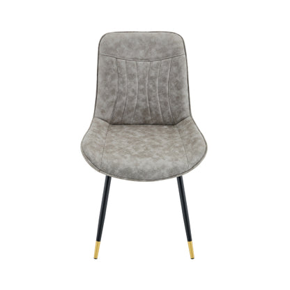 Set of 2 Gray Leathaire Tech Fabric Dining Chairs, Black Semi-Gloss Metal Leg Gold Trim Adjustable Non-Slip Feet Vertical Stitch High Back
