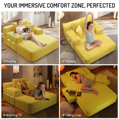 Oversized Yellow Corduroy Convertible Sofa Bed w/Storage Pockets