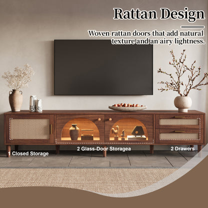 86 inch TV Stand for TVs Up to 90 inch, Rattan Media Console with LED Lights, Drawers & Glass Storage