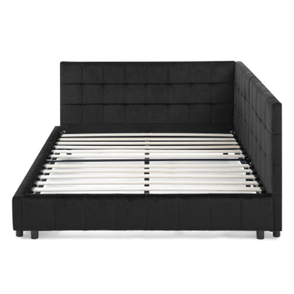 Full Size Upholstered Tufted  Bed Frame, Sofa Bed Frame with Comfortable Backrest and Armrests, Full Size Bed for Bedroom, Living Room,Velvet, Black(80.5inch *59inch *30.5inch )