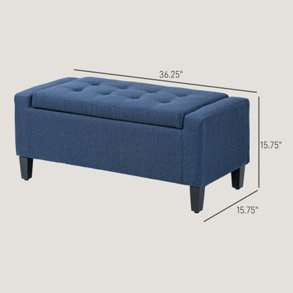Storage Ottoman, Linen Upholstered Storage Bench with Lift Top and Button Tufted for Living Room, Dark Blue