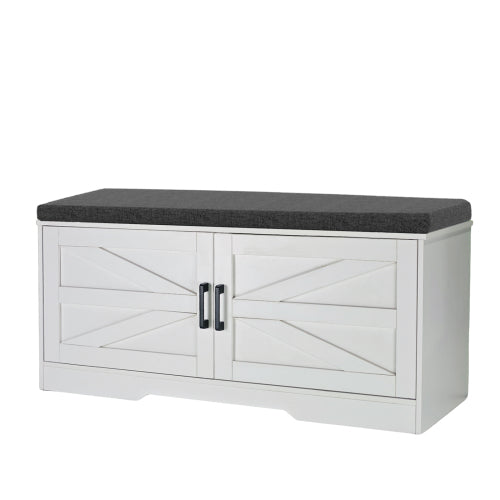 2-Tier Storage Bench, Farmhouse Shoe Bench with Padded Seat Cushion, Entryway Bench with 2 Barn Doors & 2 Adjustable Shelves, 13.75inch  D x 39.4inch  W x 17.72inch  H, for Entryway, Bedroom, Living Room, White