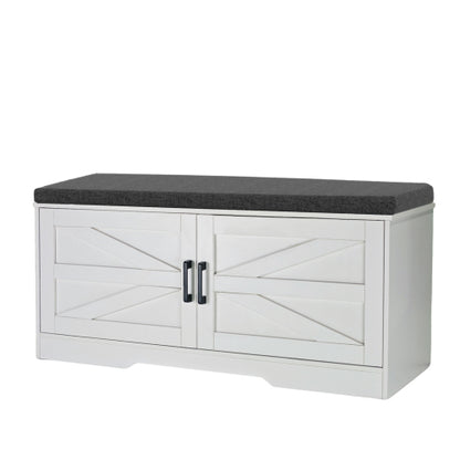 2-Tier Storage Bench, Farmhouse Shoe Bench with Padded Seat Cushion, Entryway Bench with 2 Barn Doors & 2 Adjustable Shelves, 13.75inch  D x 39.4inch  W x 17.72inch  H, for Entryway, Bedroom, Living Room, White