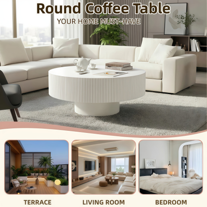 White Round Fluted Pedestal Coffee Table, Mid-Century Modern
