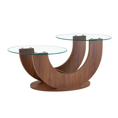 23.6inch  2-Tier U-Shaped Glass Coffee Table, Walnut MDF Base, Adjustable Height