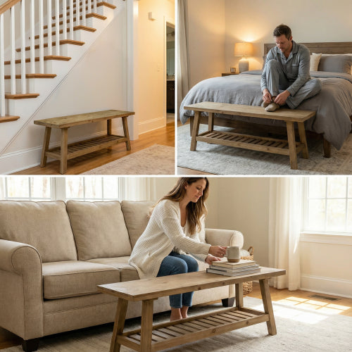 43inch  Farmhouse Wood Bench, 2-Tier Entryway Bench, Narrow Rustic Storage Bench with Open Storage Shelf for Entryway, Hallway, Living Room, Bedroom, Kitchen, Dining (Distressed Wood Color)