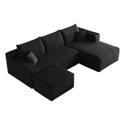 95-Inch Black Plush Corduroy U-Shaped Cloud Sectional Sofa with 1 Ottoman, Deep-Seat Corner Couch No-Assembly for Living-Room