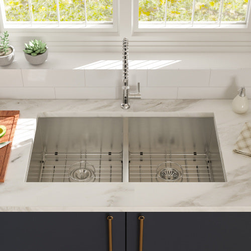 Double Bowl(50/50) Undermount Sink- 36" x 19" x 10" Double Bowl Kitchen Sink 16 Gauge with Two 10" Deep Basin