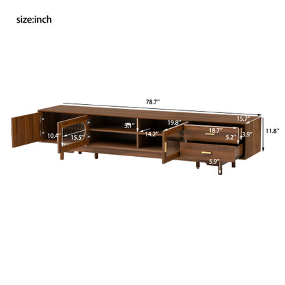78.7 inch Walnut Fluted Glass Door TV Stand 2 Drawer Media Console Solid Wood Leg For 85 inch TV