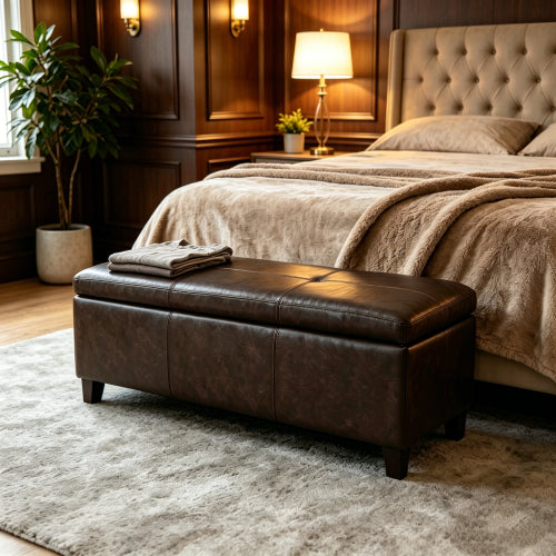 Distressed Brown Vegan Leather Storage Ottoman Bench, 50.25 Inch Assembled Entryway Bench with Safety Hinge