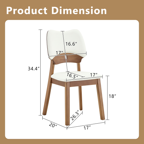 Set of 2 Walnut Wood Dining Chairs, White PU Upholstered Hollow Back Kitchen Chairs