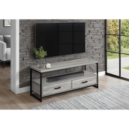 48 Inch Grey Wood Grain TV Stand with Black Metal Frame Dual Open Layers & 2 Drawers