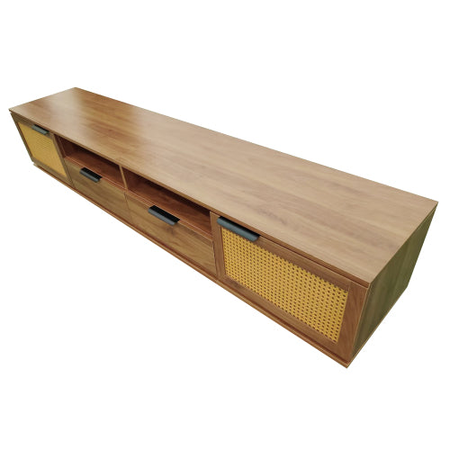 78.74 inch Walnut 2 Rattan Door 2 Drawer Legless TV Stand Open Shelf Media Console Supports 85 inch TV