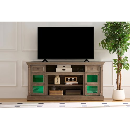 70 Inch Antique White Farmhouse Roman Column TV Stand with LED & Fireplace Reserved Space