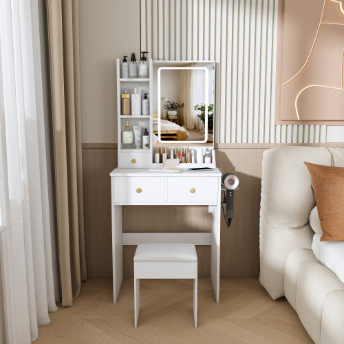 White Small Vanity Desk w/ 3-Color LED Mirror, 3 Drawers, Open Shelves, Power Outlet, Hair Dryer Holder & Chair