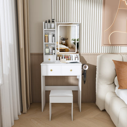 White Small Vanity Desk w/ 3-Color LED Mirror, 3 Drawers, Open Shelves, Power Outlet, Hair Dryer Holder & Chair