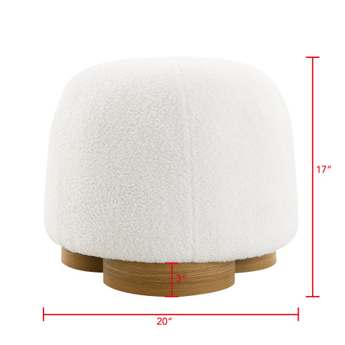 20 inch White Teddy Boucle Round Ottoman, Fully Assembled Petal Shape Footstool, 300 LBS for Bedroom Entryway