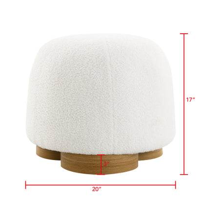 20 inch White Teddy Boucle Round Ottoman, Fully Assembled Petal Shape Footstool, 300 LBS for Bedroom Entryway