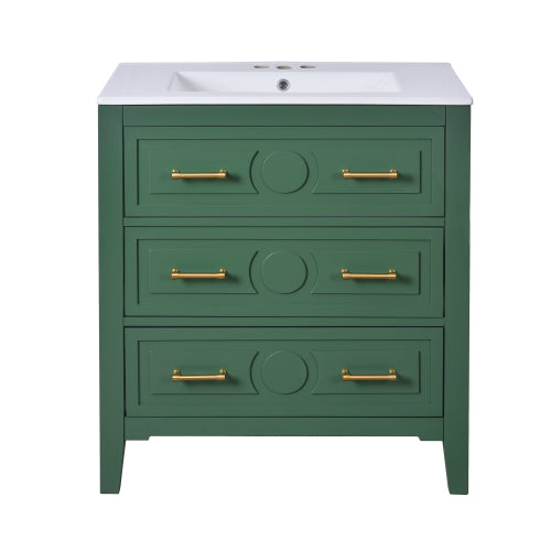 30'' Bathroom Vanity with Ceramic Sink Combo, Free Standing Single Vanity Set with 3 Drawers, Solid Wood Frame Bathroom Storage Cabinet, Green