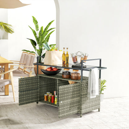 Wicker Outdoor Bar Table with 2-Tier Shelf & Cabinet, Mixed Gray