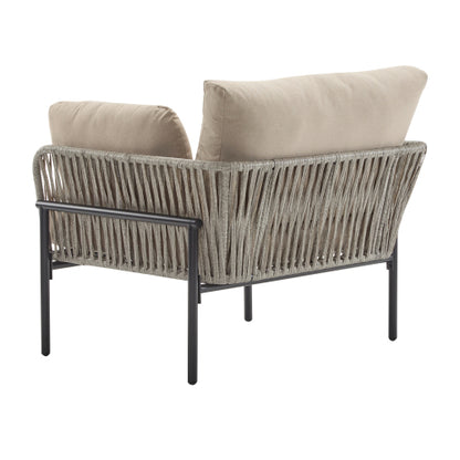 36" Beige Iron Lounge Chair with Rope Weave Design and Plush Cushions, Perfect for Indoor and Outdoor Relaxation