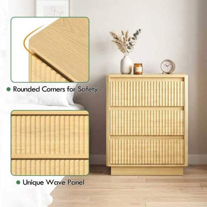 Natural Wood 3-Drawer Nightstand Set with USB-C Charger