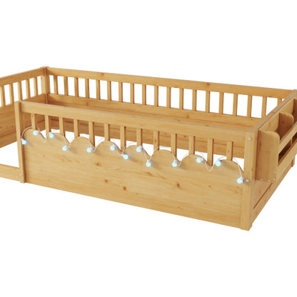 Twin Montessori Floor Bed Frame with High Rails, Wood Kids Floor Beds with Light and Storage Shelf, Natural
