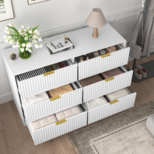 Modern 6-Drawer Dresser, Chest of Drawers for Bedroom, Living Room, Hallway, and Entryway - Large Storage Cabinet, White,Drawer panel with wavy patterns