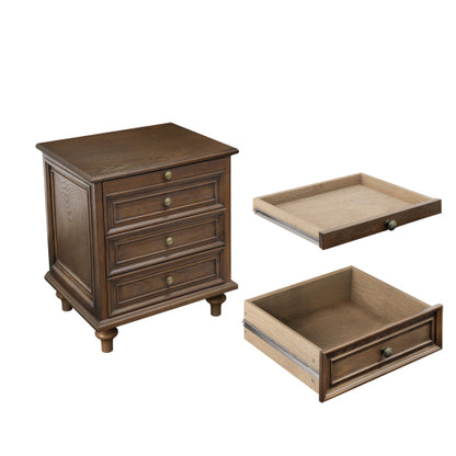 Walnut Brown Farmhouse Nightstand, 4 Drawers with Pull-Out Tray & Solid Wood Legs