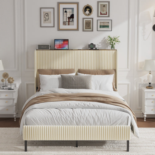 Full Size Platform Bed , Metal Bed Frame with Charging Station, No Box Spring Needed, (Beige), Noise Free,Easy Assemble.