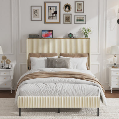 Full Size Platform Bed , Metal Bed Frame with Charging Station, No Box Spring Needed, (Beige), Noise Free,Easy Assemble.