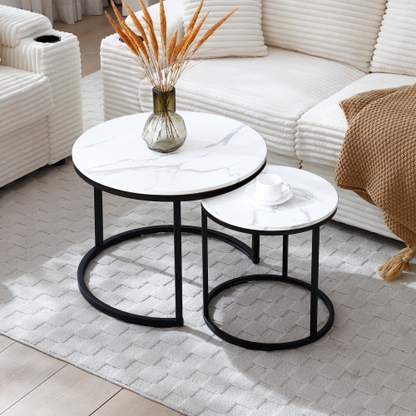 2-Piece Nesting Round Coffee Table, White & Gray Top