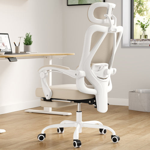 Ergonomic Office Chair with Footrest, Mesh Office Desk Chair with Headrest, High Back Computer Chair with Adjustable Lumbar Support for Home Office Study Room Bedroom, White & Kakhi
