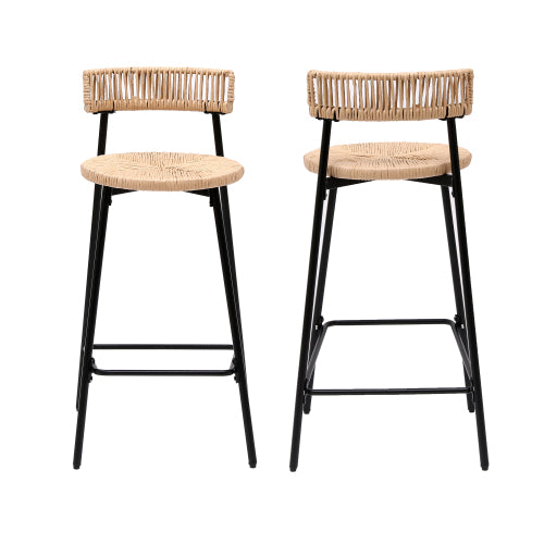 Hand Woven Bar Stools with Back Set of 2 Paper Rope Round Barstools with Footrest for Kitchen Island & Dining Rooms (Black & Honey)