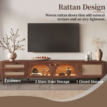 86.6 inch Dark Brown App Controlled LED Rattan TV Stand Glass Cabinets Fits Up To 90 inch TV