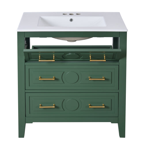 30'' Bathroom Vanity with Ceramic Sink Combo, Free Standing Single Vanity Set with 3 Drawers, Solid Wood Frame Bathroom Storage Cabinet, Green