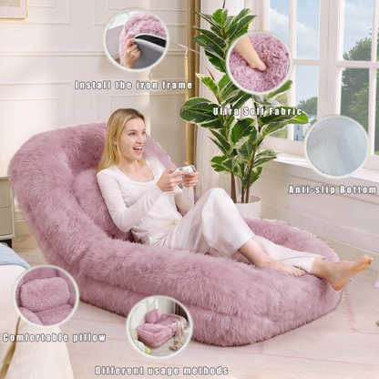 Pink Plush Faux-Fur Human Dog Bed 5-Position Adjustable Convertible Floor Gaming Sofa-Bed