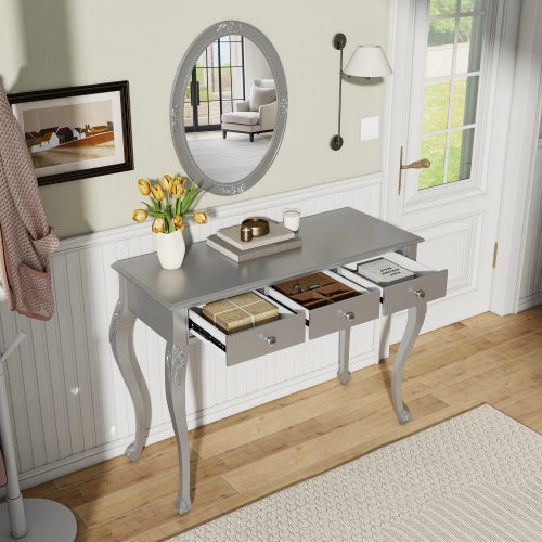 Silver Luxury Oval?Mirror Vanity Desk, 41.0 inch *17.5 inch  Tabletop, 3 Drawers, Elegant Console Table for Entryway & Bedroom