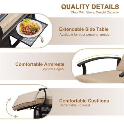 Adjustable Patio Recliner Chair Metal Outdoor Lounge Chair with Flip Table Push Back, Adjustable Angle, Removable Cushions, Support 350lbs, Beige